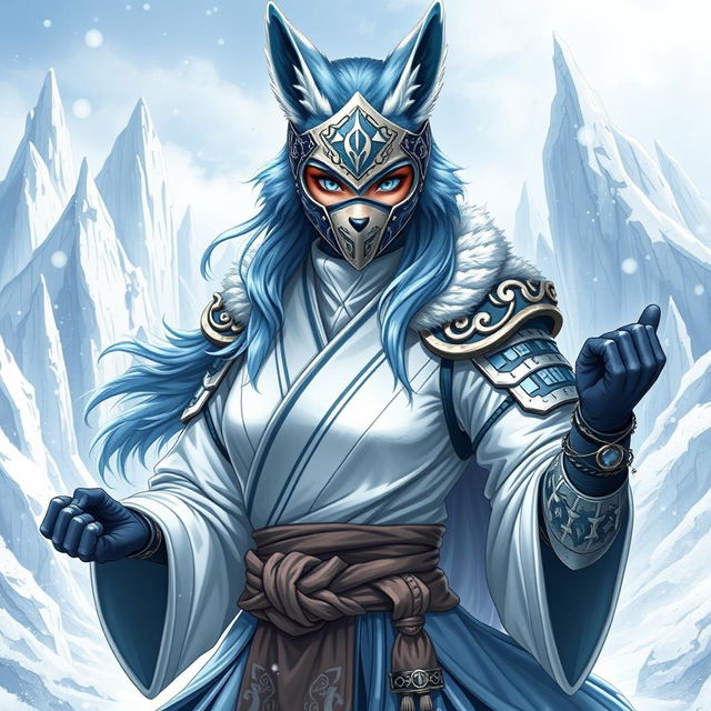 A full-body illustration of a female arctic kitsune monk, influenced by Mortal Kombat style