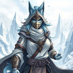 A full-body illustration of a female arctic kitsune monk, influenced by Mortal Kombat style