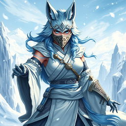 A full-body illustration of a female arctic kitsune monk, influenced by Mortal Kombat style