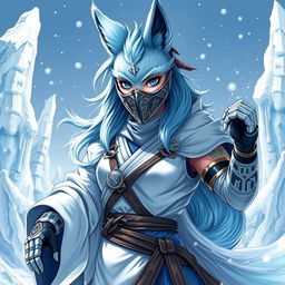 A full-body illustration of a female arctic kitsune monk, influenced by Mortal Kombat style