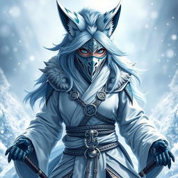 A full-body depiction of a female arctic kitsune monk inspired by Mortal Kombat