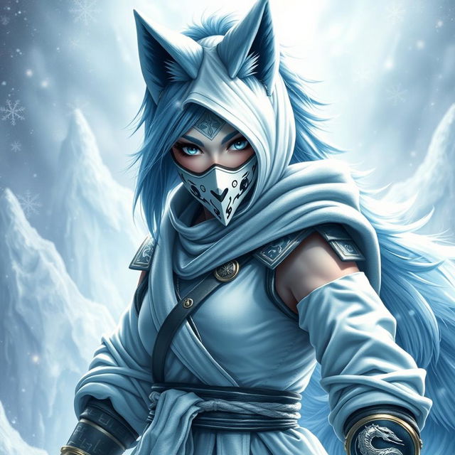 A full-body depiction of a female arctic kitsune monk inspired by Mortal Kombat