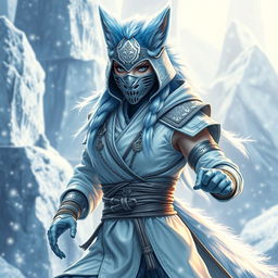 A full-body depiction of a female arctic kitsune monk inspired by Mortal Kombat
