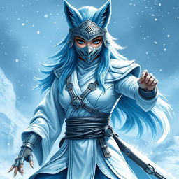 A full-body depiction of a female arctic kitsune monk inspired by Mortal Kombat