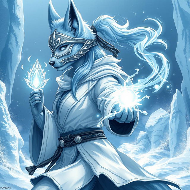 A full-body illustration of a female arctic kitsune monk inspired by Mortal Kombat, alongside a mystical spirit companion