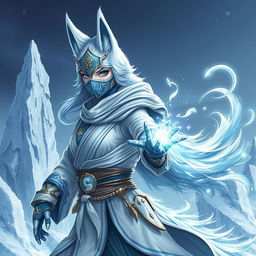 A full-body illustration of a female arctic kitsune monk inspired by Mortal Kombat, alongside a mystical spirit companion