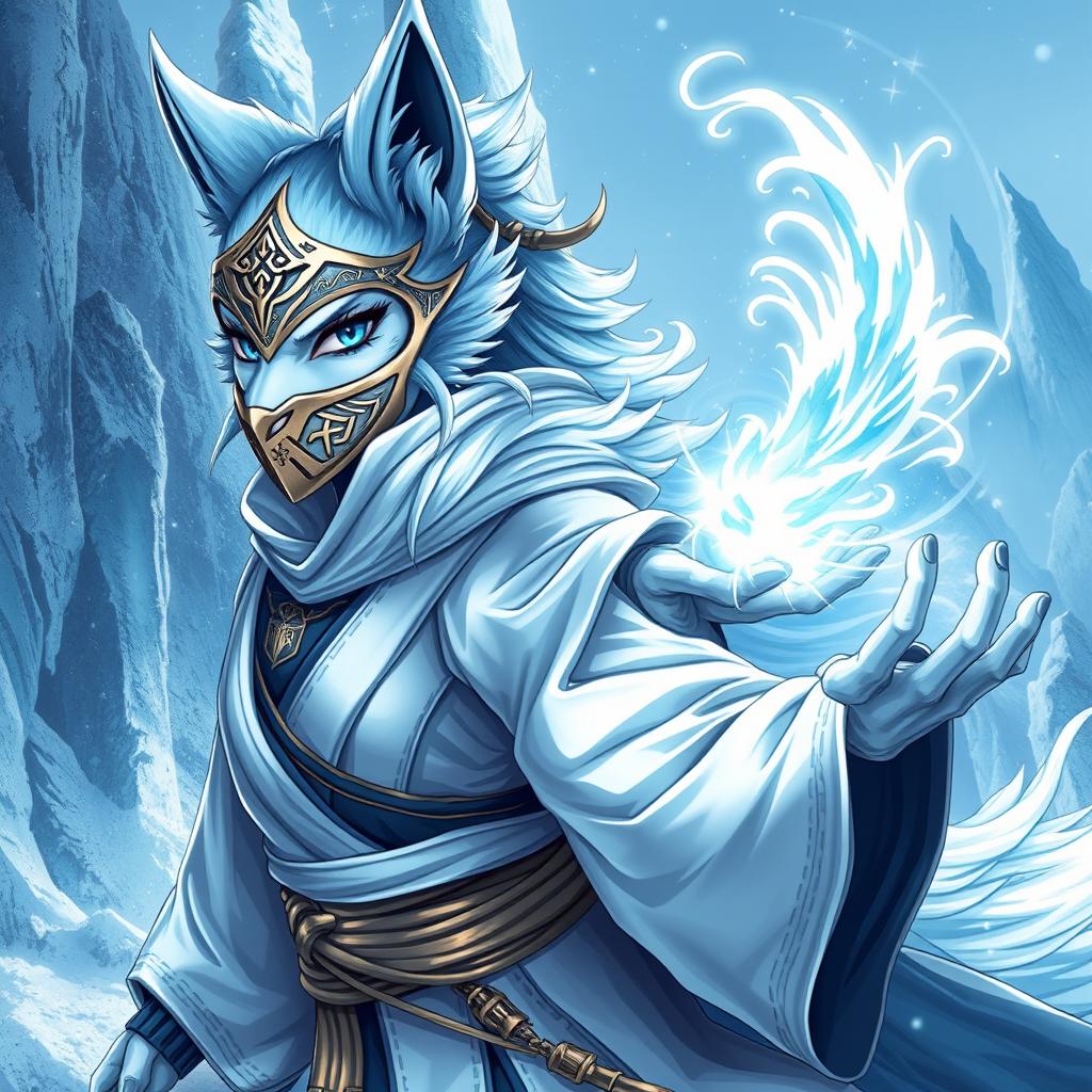 A full-body illustration of a female arctic kitsune monk inspired by Mortal Kombat, alongside a mystical spirit companion