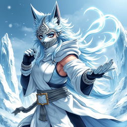 A full-body illustration of a female arctic kitsune monk inspired by Mortal Kombat, alongside a mystical spirit companion