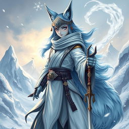 A full-body illustration of a female arctic kitsune monk inspired by Mortal Kombat, featuring a stance reminiscent of JoJo's Bizarre Adventure