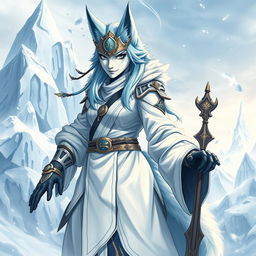 A full-body illustration of a female arctic kitsune monk inspired by Mortal Kombat, featuring a stance reminiscent of JoJo's Bizarre Adventure
