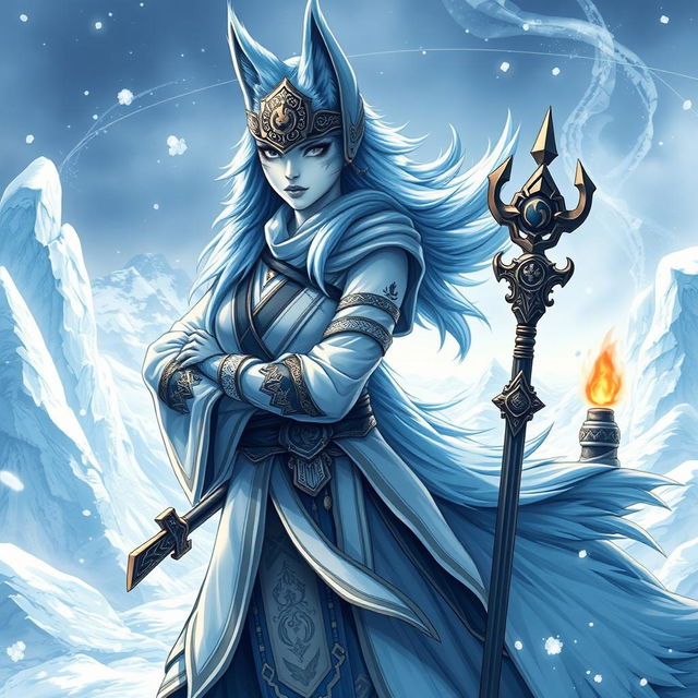 A full-body illustration of a female arctic kitsune monk inspired by Mortal Kombat, featuring a stance reminiscent of JoJo's Bizarre Adventure