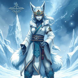 A full-body illustration of a female arctic kitsune monk inspired by Mortal Kombat, featuring a stance reminiscent of JoJo's Bizarre Adventure