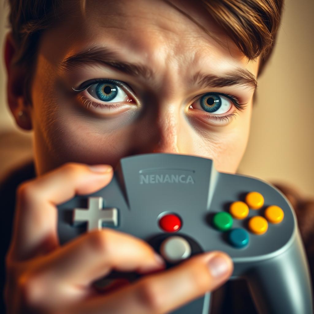 A close-up portrait of a person with striking blue eyes, intensely focused and featuring an expression of excitement and nostalgia