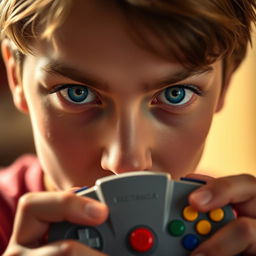A close-up portrait of a person with striking blue eyes, intensely focused and featuring an expression of excitement and nostalgia