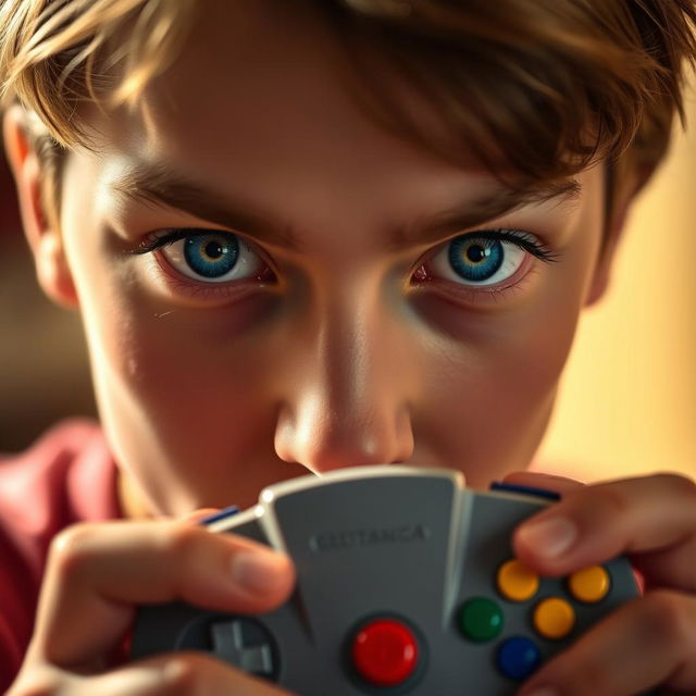 A close-up portrait of a person with striking blue eyes, intensely focused and featuring an expression of excitement and nostalgia