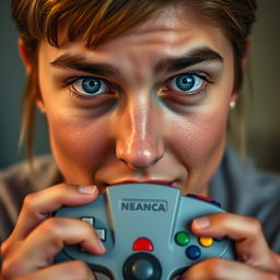 A close-up portrait of a person with striking blue eyes, intensely focused and featuring an expression of excitement and nostalgia
