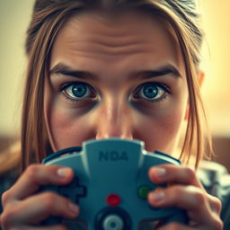 A close-up portrait of a person with striking blue eyes, intensely focused and featuring an expression of excitement and nostalgia
