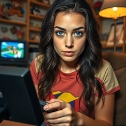 A young woman with striking blue eyes, deeply focused on playing an N64 video game console