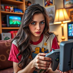 A young woman with striking blue eyes, deeply focused on playing an N64 video game console