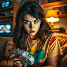 A young woman with striking blue eyes, deeply focused on playing an N64 video game console