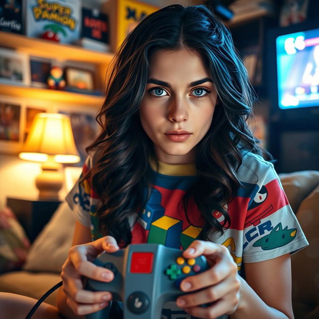 A young woman with striking blue eyes, deeply focused on playing an N64 video game console