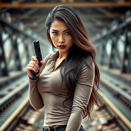 A beautiful Asian woman, exuding confidence and strength, with long hair flowing down her shoulders