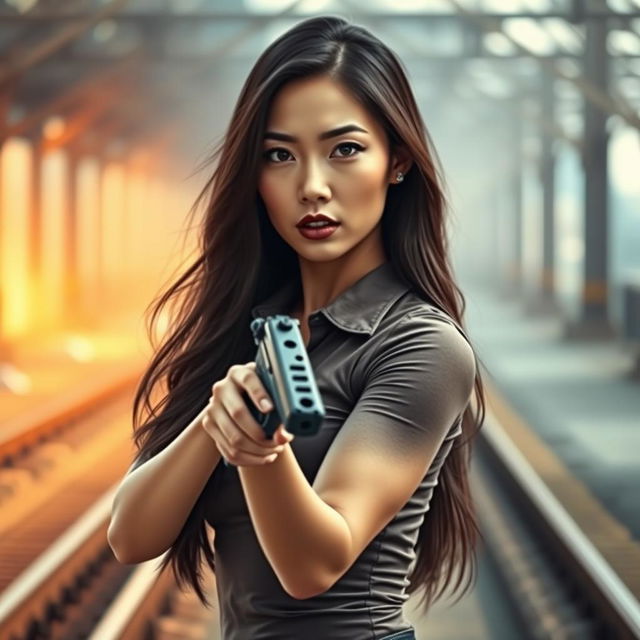 A beautiful Asian woman, exuding confidence and strength, with long hair flowing down her shoulders