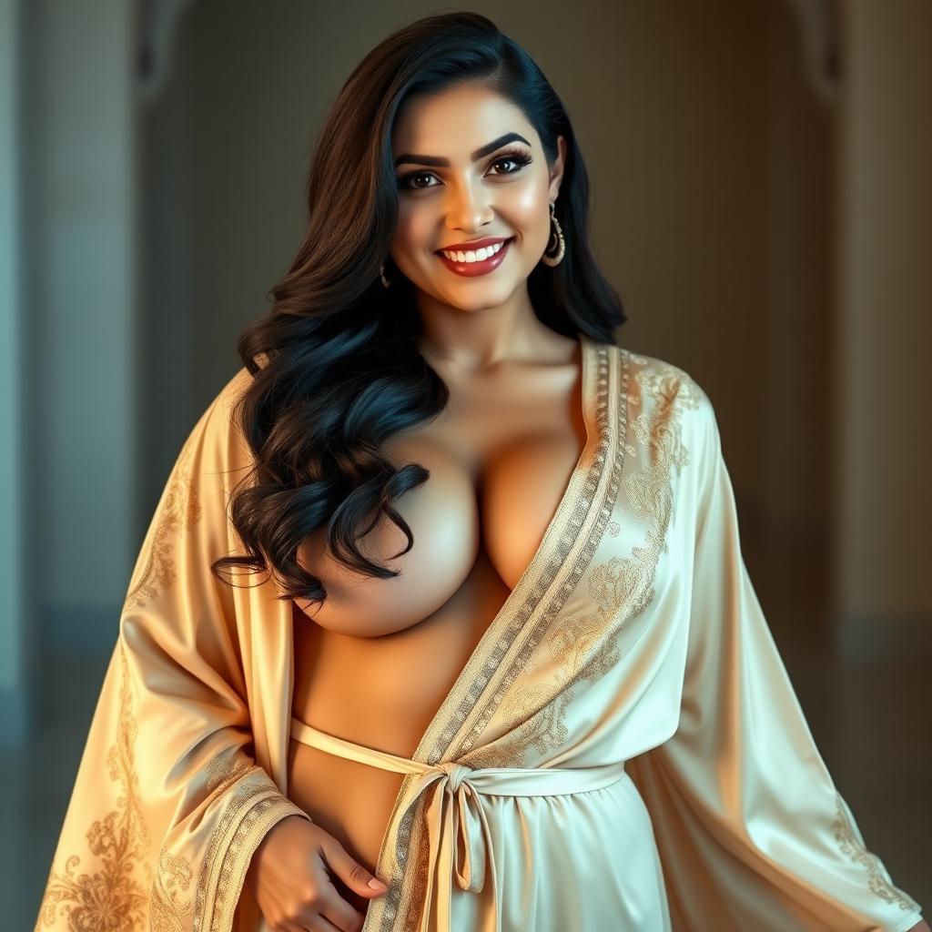 A curvy slim Armenian woman with an hourglass figure, elegantly draped in a luxurious, flowing robe that accentuates her deep cleavage and narrow tummy