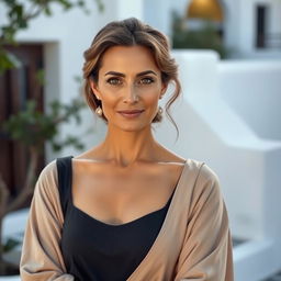 A Greek woman aged between 35 to 45 years old, wearing elegant, modest clothing that covers her arms and legs, showcasing her graceful style