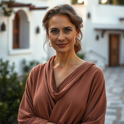 A Greek woman aged between 35 to 45 years old, wearing elegant, modest clothing that covers her arms and legs, showcasing her graceful style