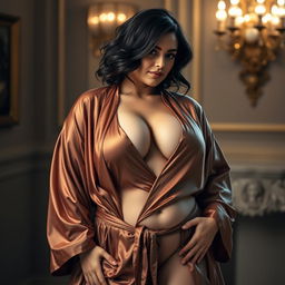 A curvy, slim English woman with a fuller figure, elegantly draped in a luxurious robe that accentuates her deep cleavage and narrow tummy