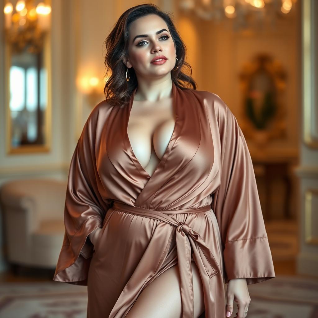 A curvy, slim English woman with a fuller figure, elegantly draped in a luxurious robe that accentuates her deep cleavage and narrow tummy