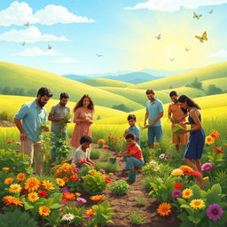 A serene outdoor scene depicting Christians engaging in eco-friendly practices