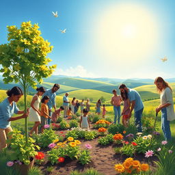 A serene outdoor scene depicting Christians engaging in eco-friendly practices