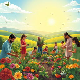 A serene outdoor scene depicting Christians engaging in eco-friendly practices