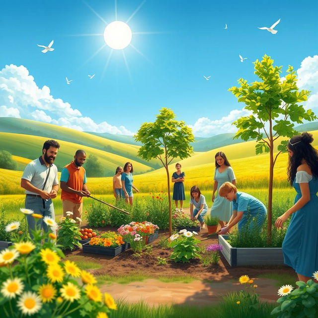 A serene outdoor scene depicting Christians engaging in eco-friendly practices