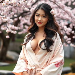 A curvy slim Japanese woman with a fuller figure, elegantly draped in a luxurious robe