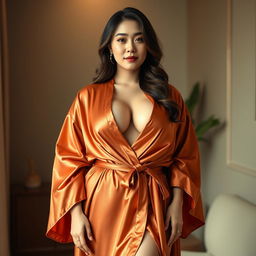A curvy slim Korean woman with a fuller figure, elegantly draped in a luxurious robe that accentuates her deep cleavage and narrow tummy