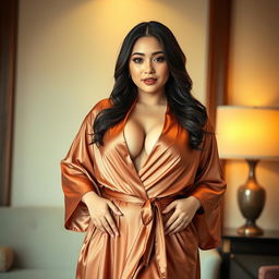 A curvy slim Korean woman with a fuller figure, elegantly draped in a luxurious robe that accentuates her deep cleavage and narrow tummy