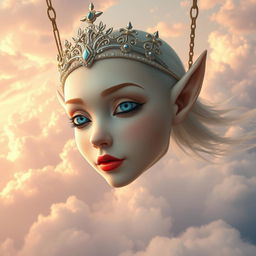 A beautiful bald elf princess, adorned with an elegant tiara, featuring striking blue eyes and vibrant red lips