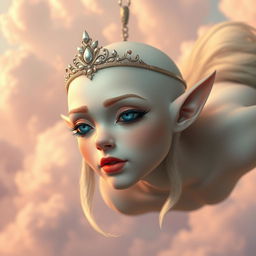 A beautiful bald elf princess, adorned with an elegant tiara, featuring striking blue eyes and vibrant red lips