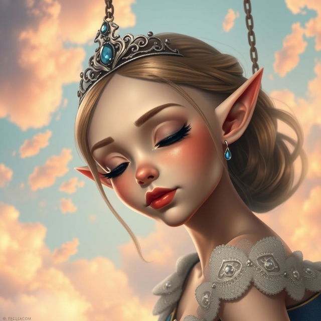 A beautiful bald elf princess, adorned with an elegant tiara, featuring striking blue eyes and vibrant red lips