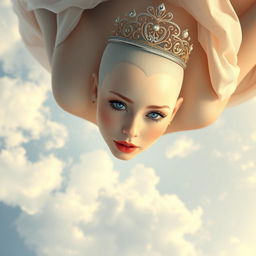 A beautiful bald princess adorned with an elegant tiara, featuring striking blue eyes and luscious red lips, gracefully falling from the sky