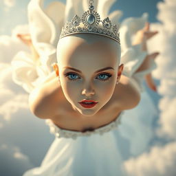 A beautiful bald princess adorned with an elegant tiara, featuring striking blue eyes and luscious red lips, gracefully falling from the sky