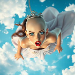 A beautiful bald princess, featuring striking blue eyes and bold red lips, is gracefully falling from the sky