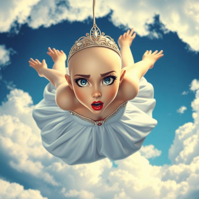 A beautiful bald princess, featuring striking blue eyes and bold red lips, is gracefully falling from the sky