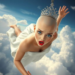 A beautiful bald princess, featuring striking blue eyes and bold red lips, is gracefully falling from the sky