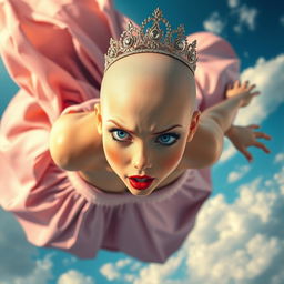 A beautiful bald princess, featuring striking blue eyes and bold red lips, is gracefully falling from the sky