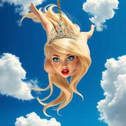 A beautiful blonde princess with an elegant tiara, sparkling blue eyes, and vibrant red lips, plummeting gracefully from a bright blue sky