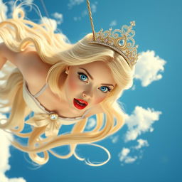 A beautiful blonde princess with an elegant tiara, sparkling blue eyes, and vibrant red lips, plummeting gracefully from a bright blue sky